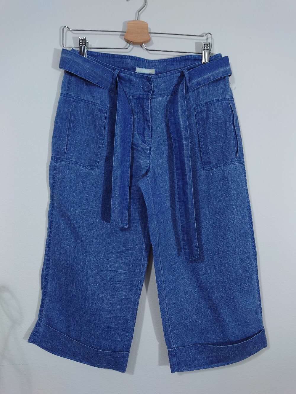 Linen Wide Leg Cropped Pants Blue Tie Waist Size 6
